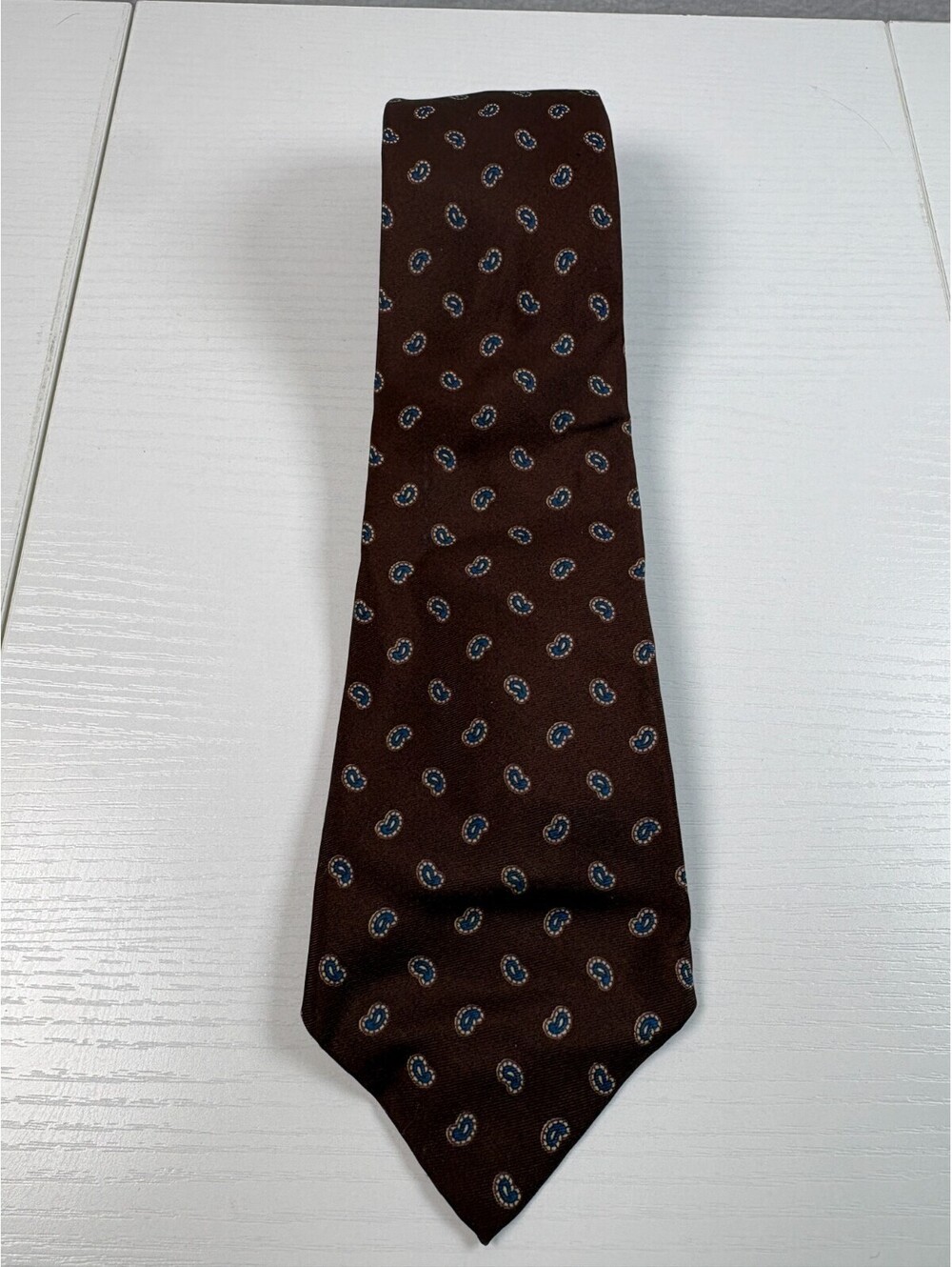 John Mazzo Reading Vintage Necktie Brown Blue Paisley Pine Foulard Silky Tie